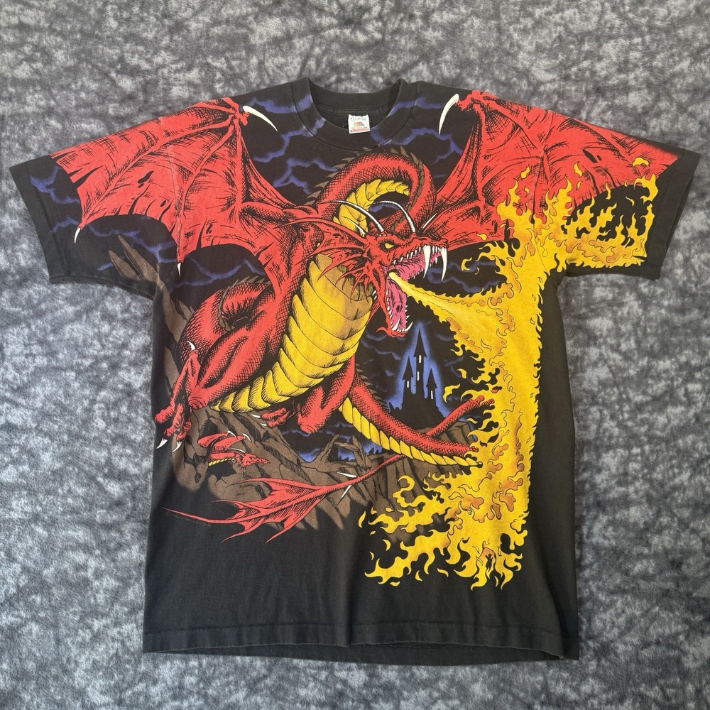 Vintage 1993 Liquid Blue Dragon Knight AOP Mens XXL All Over Print USA T-Shirt